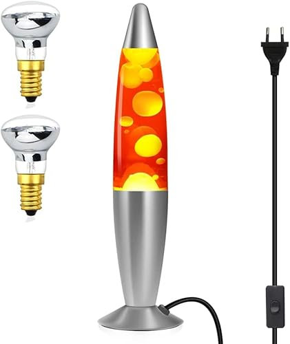 CELLUSTOP Lavalampe mit Wachs – Nachtlicht in Form einer Rakete – Magma-Lampe Retro – 2 x 25 W Leuchtmittel im Lieferumfang enthalten – Qualität Aluminium und robustes Glas – 35 cm – 20 W – Rot