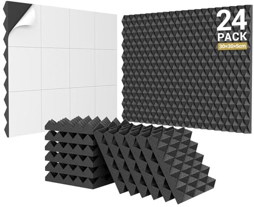 Lot de 24 Mousse Acoustique Auto-adhésive, TONOR Canaux Sonores Pyramidaux pour l'absorption des échos, 30×30×5 cm, pour Salle de Cinéma Maison, Studios d'enregistrement, Salles de Musique, Noir