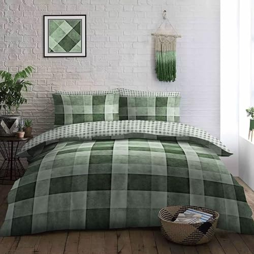 Lions Denim Check Duvet Cover Set - 3 Piece Soft King Size Bedding with Matching Pillow Case, Ultra Soft Poly Cotton Reversible Quilt Covers for Men Women