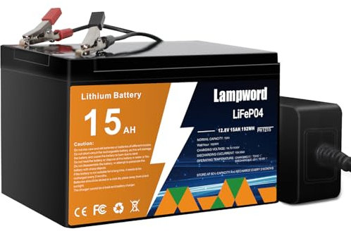 Lampword LiFePO4 12V 15Ah 4000 Lithium Battery + Rechargeable Deep Cycle Battery with Charger for Trolling Motor, Golf Cart, Solar Wind Power, UPS/RV Battery,