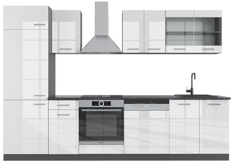Vicco Küchenzeile R-Line, Weiß Hochglanz/Anthrazit, 300 cm, AP Anthrazit