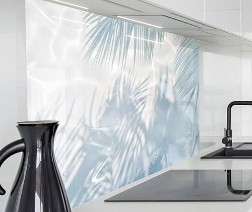 timalo Spritzschutz Wand für Herd, Küche Küchenrückwand Glasoptik | Acryl Glas 2mm | Glasrückwand Acrylglas Wandpaneele Rückwandschutz Platte | 160x50cm Meer Sand Palmen Mint