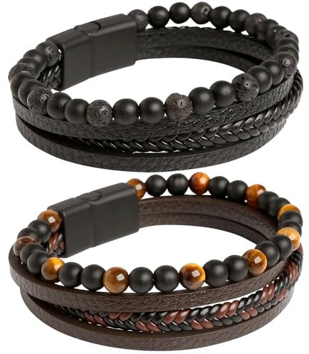 TYXHXTF 2 Pcs Leather Bracelet Gifts for Men Braided Leather, Unisex Cuff Wrap Bracelet Brown Black Multi-Layer Rope Wristband, Gift for Dad Boyfriend Husband Couple