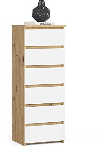 Kommode mit 6 Schubladen Kommode Schlafzimmer Flur Wohnzimmer Organizer Kommode mit Schubladen 40 cm breit 109 cm hoch | Artisan Eiche weiß Holz Highboard Sideboard Mehrzweckschrank Schrank schmal
