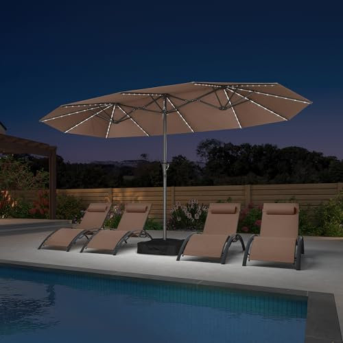 PURPLE LEAF 455 x 270 cm Sonnenschirm mit LED Groß, Doppelsonnenschirm XXL mit Kurbel Rechteckig Terrassenschirm für Balkon, Garten, Gestell Stahl, UV Schutz, Taupe