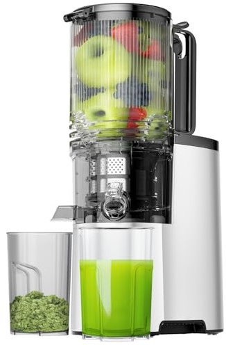 Exprimidor de prensa en frío, máquinas de exprimidor lento de 400 W con canal de alimentación de 5.4 pulgadas de ancho, exprimidor masticante con alto rendimiento de jugo para verduras enteras y