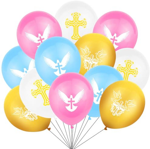 KOBOKO Taufe Deko Kommunion Luftballon, 18 Stk Taufe Luftballons Deko Taufe Mädchen Junge, Taufdeko Ballons Taufe, Taufe Deko Taube Kreuz Muster Helium Ballon für Babyparty, Kommunion, Babyshower Deko