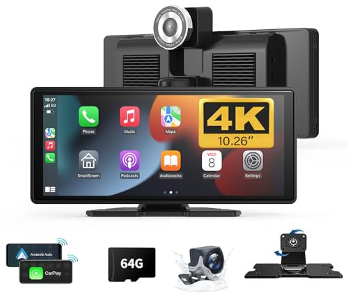 10.26 Wireless Carplay Screen 360 Rotation 4K Dash Cam Carplay & Android Auto Car Stereo Car Audio Receivers with 1080p Backup Camera GPS Navigation/Mirror Link/Voice Control/Siri