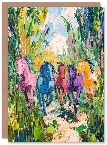 Artery8 Greeting Card Colourful Horses Running Through Forest Abstract Blank For Him Or Her Art Birthday Card