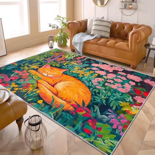 PaxGloz Katzen Dekoration Zimmer - Teppiche Wohnzimmer Schlafzimmer Katzenmotiv, Kleiner Teppich Blumenmuster Kinder, Weich Kurzflor & Waschbar & rutschfest Fussmatte Innen, Kinderteppich 60x90 cm