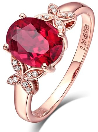 Stfery Rotgold 18 Karat Ring Damen, Eheringe mit Turmalin Rot in Ovalschliff, Diamantring Echt Gold, Gr.62 (19.7)