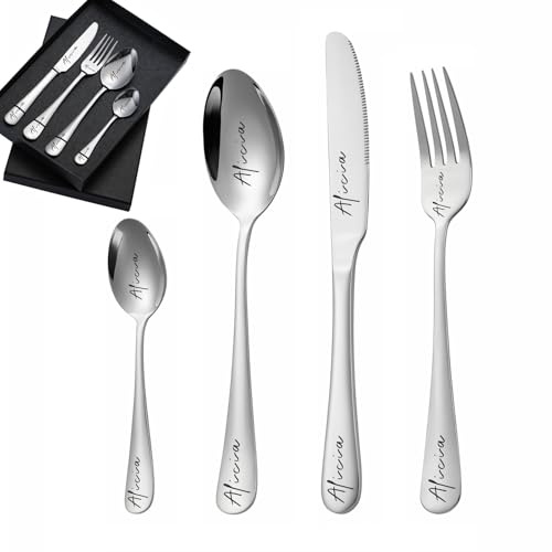 Cubiertos grabados personalizados,1 juego de 4 piezas, acero inoxidable,Juego de cubiertos para adultos, tenedor, cuchillo, cuchara y cucharilla,juego de vajilla personalizado con caja (Plateado)