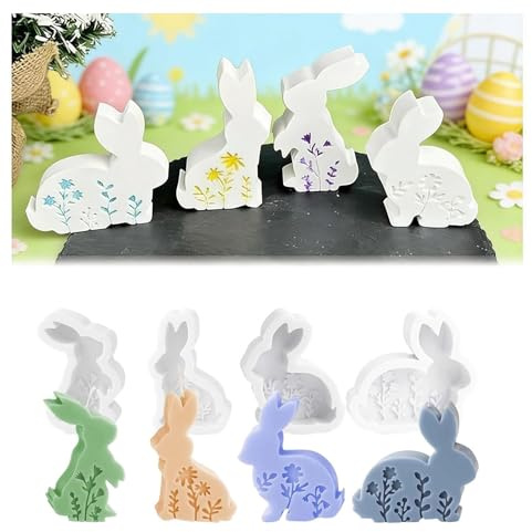 DINGFENG Juego de 4 Moldes de Silicona 3D para Pascua con Conejos y Flores en Relieve - Para Velas, Yeso, Resina - Decoración, Regalos Hechos a Mano, Actividad Creativa