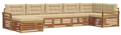 vidaXL Sofagarnituren 7 pcs Natur und Beige Massivholz Akazie, Gartenlounge, langlebiges Ecksofa, Sitzmöbel für außen, Terrasse, Moderne Möbel, Bequeme Gartenmöbel