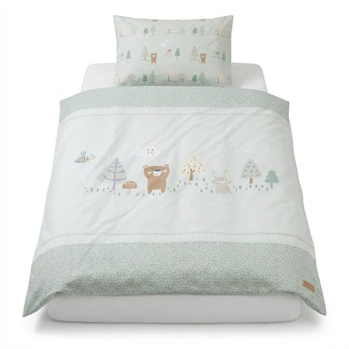 roba Kinderbettwäsche Woodland Buddies - Bezug für Bettdecke 100 x 135 cm + Kopfkissen 40 x 60 cm - Bettwäsche Set 2-teilig aus Baumwolle - Beige/Weiß