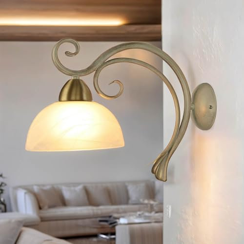 Licht-Erlebnisse Wandlampe Metall Glas in Shabby Weiß Messing Wohnzimmer H:33 1x E27 max. 60 Watt gemütlich Landhaus Wandleuchte Schlafzimmer AURORA