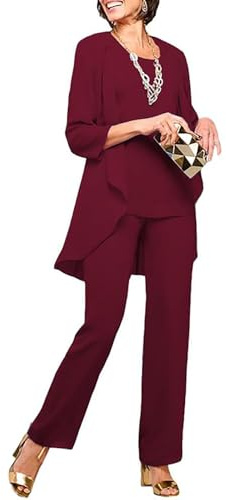 JAEDEN 3 Teilig Mutter der Braut Hosenanzug Chiffon Hosenanzüge für Damen Formell Festliche Abendanzug Burgund 46