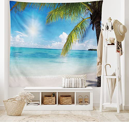 ABAKUHAUS Strand Wandteppich, Tropische Küste Palmen, Wohnzimmer Schlafzimmer Heim Seidiges Satin Wandteppich, 200 x 150 cm, Farngrün Himmelblau Perle