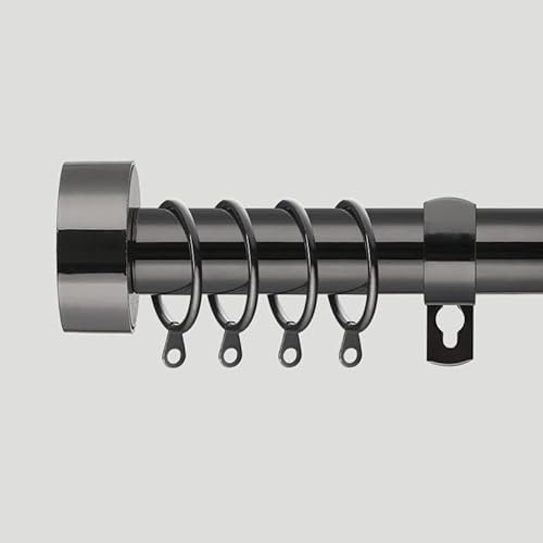 Extendable Curtain Pole Set 25mm Metal Curtain Rail Black Flat | Includes Rings Brackets Finials & Fittings (Black Nickel, 40cm to 218cm)