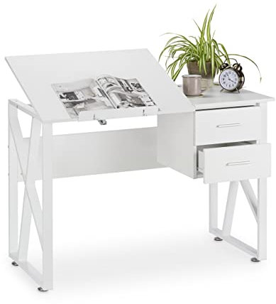 Relaxdays Schreibtisch neigbar, verstellbare Arbeitsfläche, Laptoptisch oder Zeichentisch, HBT 75x110x55cm, weiß
