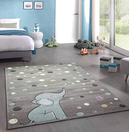 CARPETIA Teppich Kinderzimmer Elefant Punkte Seifenblasen grau blau Größe 200 x 290 cm
