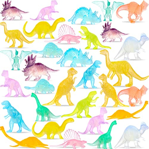 32 Pieces Small Dinosaurs Toys Easter Eggs Fillers Glow in Dark Mini Dinosaur Toy Bulk Plastic Dinosaur Figures for Birthday Party Favors Goody Bag Cake Toppers Pinata Filler Gift for Kids Boys Girls