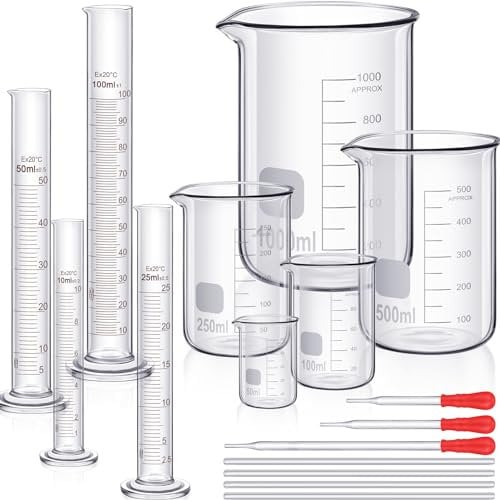 Absolviert Zylinder Becherglas Set, Dick Labor Zylinder (10 ml, 25 ml, 50 ml, 100 ml), Becherglas (50 ml, 100 ml, 250 ml, 500 ml, 1000 ml) mit 3 Glas Tropfern und 4 Glas Rührstab in 7,9 Zoll