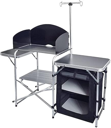 CAMP SOLUTIONS Table de cuisson pliante portable d'extérieur en aluminium avec organiseur de rangement, pare-brise, crochets pour barbecue, fête (noir)