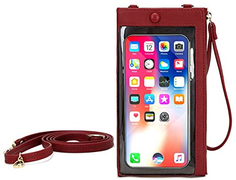 NAY Nalakey Handytasche PU Leder Touchscreen Handytasche zum Umhängen Schutz Handy Geldbeutel Umhängetasche für Handy unter 6.5 Zoll (burgunderrot)