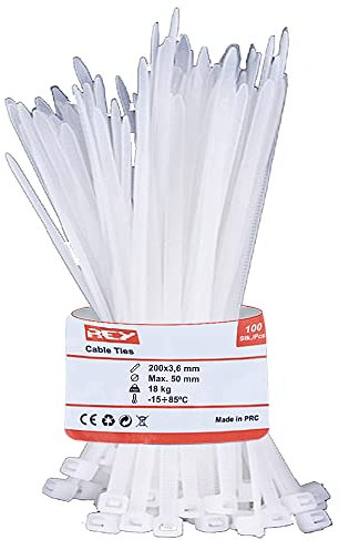 100x Paquete Bridas Cables de Malla Reforzada 3,6 x 200mm, Protección Rayos UV, Blanco