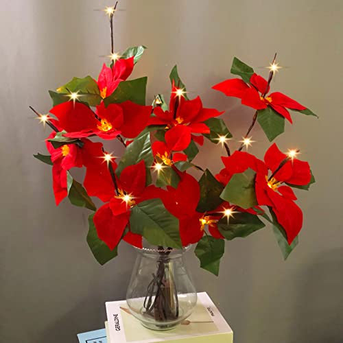 Artificial Poinsettia Twig Lights,2 Pack Christmas Poinsettia Flower Vase Arrangement Branch, Artificial Flower Lights for Holiday Home Table Centerpiece Decoration
