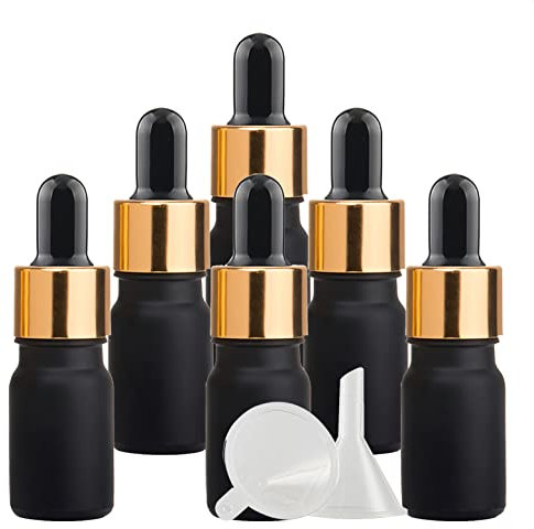 ZEOABSY 6 Pieces 5ml Empty Frosted Black/Gold Glass Dropper Bottles with Glass Pipette for Essential Oil Travel Cosmetics Storage Containers