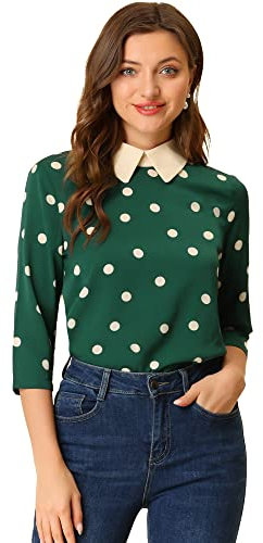 Allegra K Damen Halloween 3/4 Ärmel Blusenkragen Oberteil Polka Dots Weihnachts Elegante Top Bluse DunkelGrün M