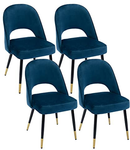 chairus 4er Set Esszimmerstühlen aus Samt für Küche Wohnzimmer Modern Armloser Bürostuhl Polsterstuhl Seitenstühle Hohler Rückenmit Metallbeinen (Blau-4)