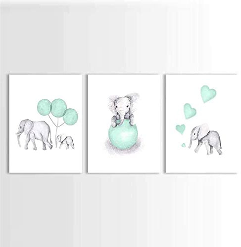 AIVYNA Elefant Kinderzimmer Kunstdrucke Bild Auf Leinwand Tiere MintgrüN Ballon Herz Poster Bilder Wohnkultur FüR Kinder Babyzimmer Rahmenlos
