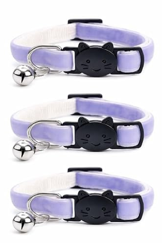 Velvet Cat Collars with Bell. Safe Breakaway Quick Release Buckle. Available in Cat & Kitten Size (Pack of 3) (Cat Collar (20cm - 30cm), Lilac Velvet (Pack of 3))