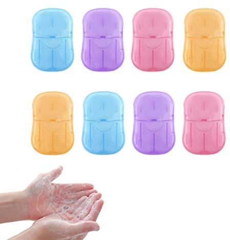 EiEiFiFi 8 tragbare Einweg-Papier-Seifenblätter, schäumendes Papier, Seife, Mini-Duft, mit Aufbewahrungsbox, Blätter, tragbare Handwäsche, Papierseife für Reisen, Camping, Wandern, zufällige Farbe