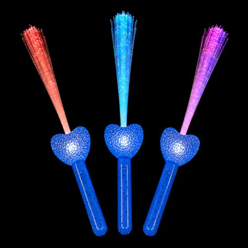 BF Souvenirs 3 Stück bunte LED Herz Leuchtstäbe mit Glasfasern – 7 Lichtmodi – Leuchtwedel & Blinkstäbe mit Herz für Hochzeit, Party, Konzert, Geburtstag, Festival & Karneval (3, Blau)