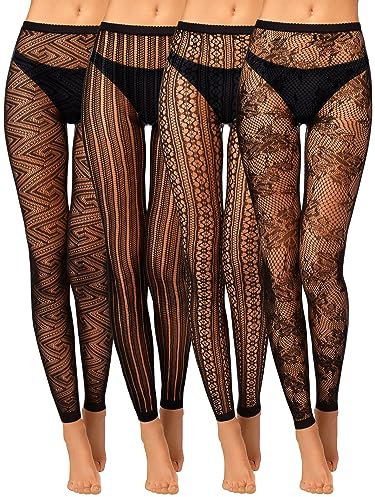 Hicarer 4 Paires Collants en Résille sans Pied à Motifs d'Halloween Collants Taille Haute en Dentelle sans Orteils Noirs