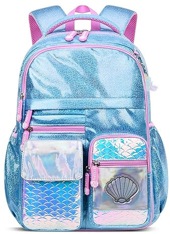 BYXEPA Schulrucksack Mädchen, 42x32x18cm Rucksack Mädchen, Rucksack Kinder Mädchen, Große Kapazität Schultasche mit Reflektierenden Streifen für Kinder 5-10 Jahre Alt (Meerjungfrau Blau)