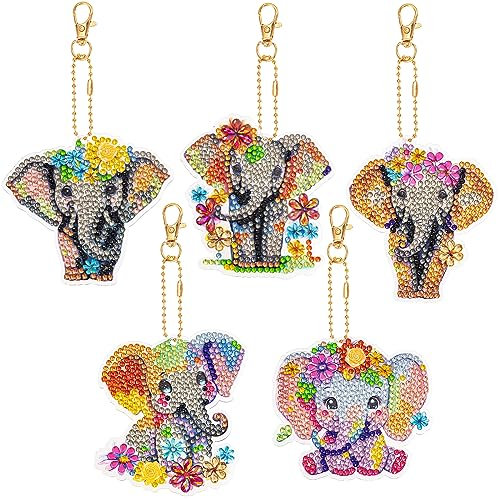 JSRQT 5 Stücke 5D DIY Diamond Art Painting Anhänger Elefant Stickerei Kunst Handwerk Doppelseitig Full Drill Diamond Art Painting Keychain für Handtasche Dekoration Diamant Malerei Schlüsselbund