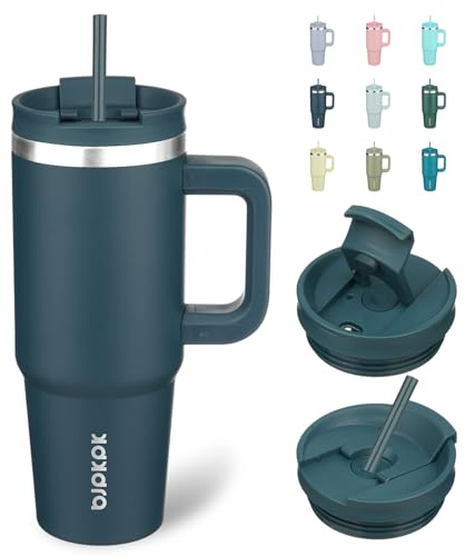 BJPKPK Gobelet isotherme de 900 ml avec poignée - Gobelet isotherme avec couvercle et paille - En acier inoxydable - Bleu marine