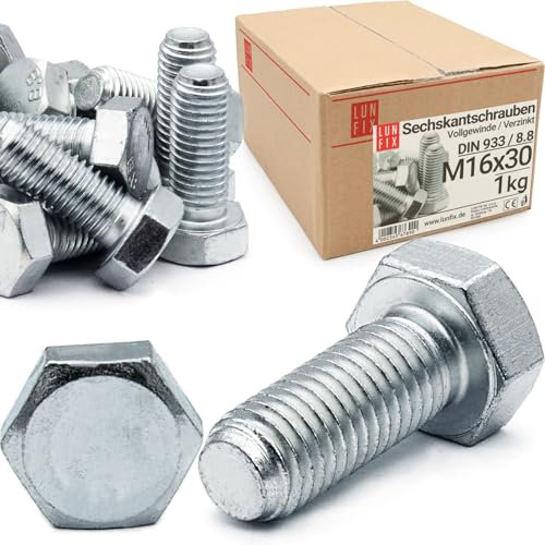 Boulons hexagonaux M16x30 DIN 933 acier galvanisé 8.8, filetage complet, vis hexagonales, visserie boulonnerie pour assemblage métal, construction, bricolage, 1 kg (env. 12 pcs)