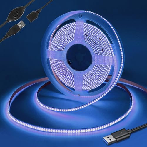 Yamlten 5V COB Led Streifen Blau mit Schalter,320 LEDs/M Dimmbar LED Strip für TV Hintergrundbeleuchtung,Computer,Schrank,Schlafzimmer DIY LED Band 0.5m.(Stromversorgung schließt aus)