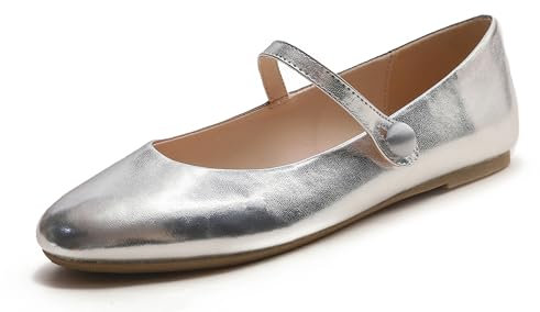 Feversole Women's Mary Jane Fashion,Scarpe Basse Classiche da Donna Décolleté Eleganti Mary Jane con Fibbia Morbida Scarpe da Ballo per Balletto per Donna Luce Argento 38