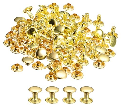 QUARKZMAN Remaches de Cuero 100 Juegos, Remache de Tapa Doble de 6x6mm, Remache de Pernos Metálicos para Reparación de Artesanía Cuero, DIY Cartera Cinturón Bolsa Zapato, Tono Dorado