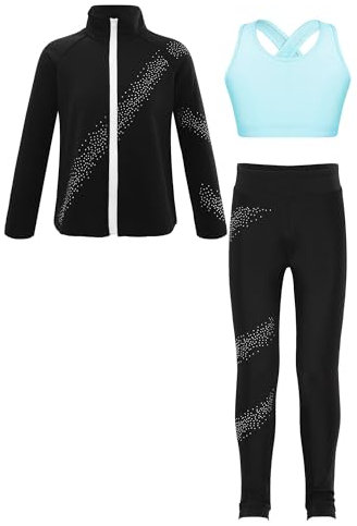 iiniim Kinder Mädchen Trainingsanzug Eiskunstlauf Anzug Glitzer Strass Langarm Sweatjacke + Hose Sport Leggings Yoga Gym Eislaufen Tanzkleidung Hellblau 158-164
