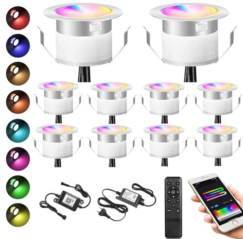 10 pièces Wifi intelligent RGBIC Dynamique LED spot de sol multicolore effet de chasse patio Lighting Works avec alexa, Google home, DC12 Ø31mm IP67 projecteur encastré LED étanche
