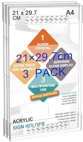 ROSSHINE A4 Acrylic Sign Holder Wall Mount Set of 3 with Adhesive Tape, Memo Documents Menu Picture Poster Display Holder for Office Home Store Restaurant