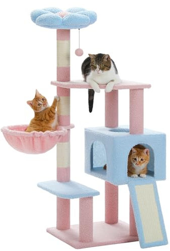 MUTTROS Arbre à chat à fleurs de 120 cm à plusieurs niveaux avec griffoirs recouverts de sisal, joli niche pour chats d'intérieur de petite et moyenne taille, perchoir supérieur, rampe et boule